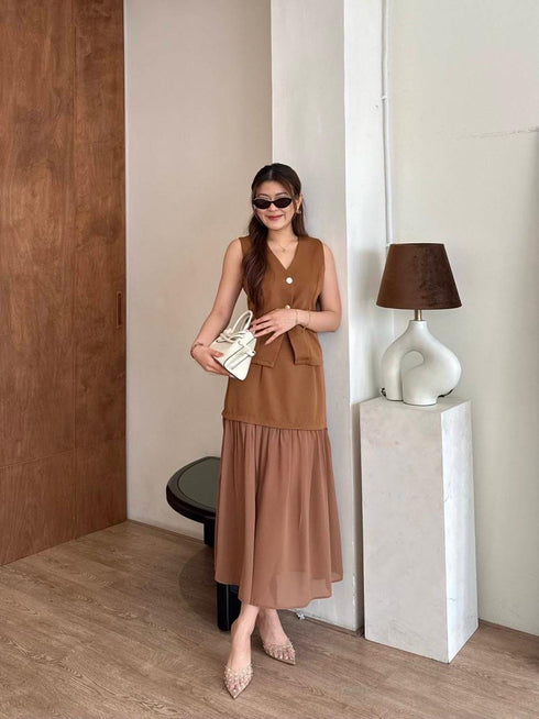 V-neck Sleeveless Blouse With Skirts Sets